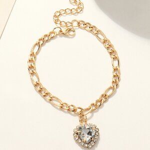 3/$35 Gold Chain Bracelet with Crystal Heart Pendant Dainty Sparkle Jewelry